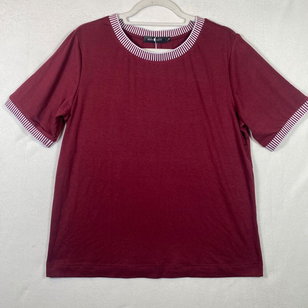 Merokeety Striped Trim Short Sleeve Top Burgundy Red Size M NWT Rayon Blend